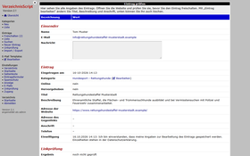 Detailseite eines eingesandten Eintrags mit Einsender, Kategorie, Beschreibung und Adresse der Website