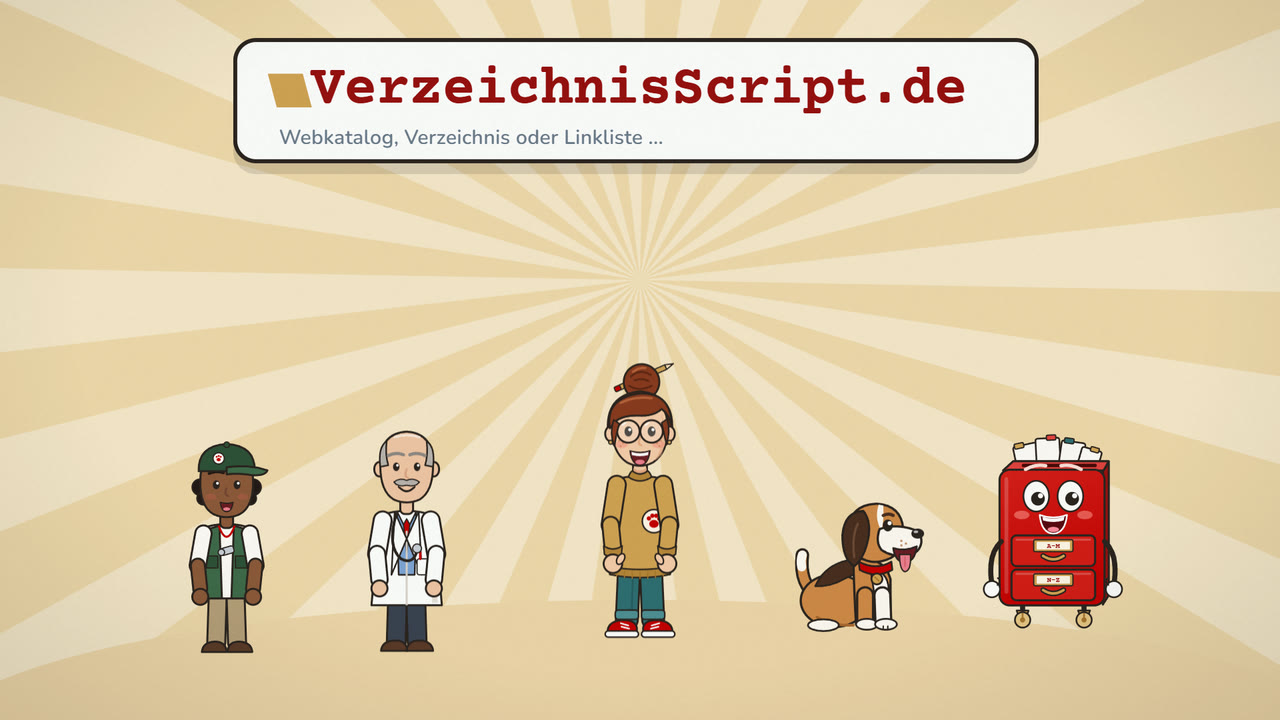 Vorschaubild des Erklärvideos Was ist verzeichnisscript.de?: Mia, ihr Hund Bruno, der rote Karteikasten und zwei Eintragende unter dem Logo